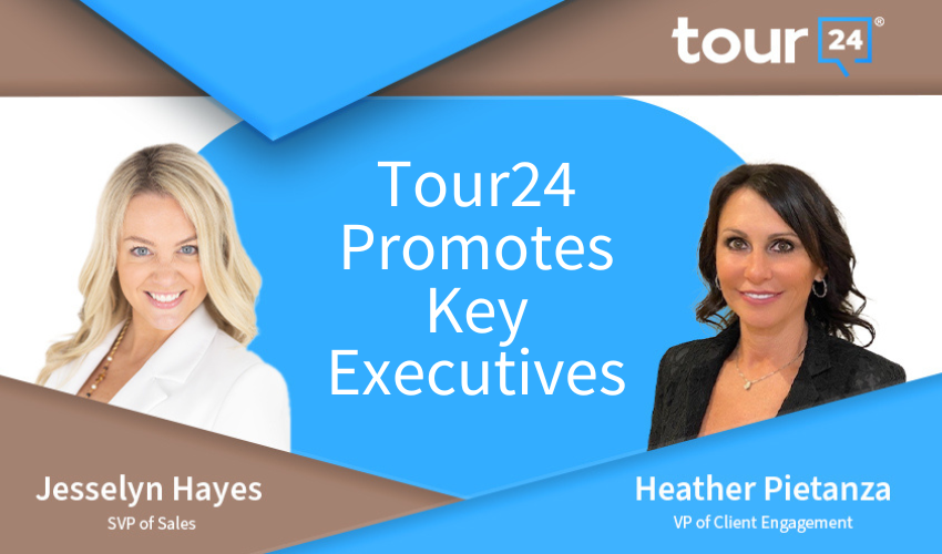 Professional headshots of Jesselyn Hayes and Heather Pietanza featured in a Tour24 announcement graphic. The image highlights their promotions, with Jesselyn Hayes named SVP of Sales and Heather Pietanza as VP of Client Engagement, set against a blue and brown design with the Tour24 logo.